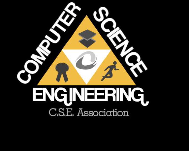 Computer Science Engineering logo with a yellow triangle divided into sections with icons for a laptop, award, swirl, and running figure