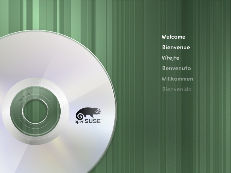 OpenSUSE welcome screen with CD graphic