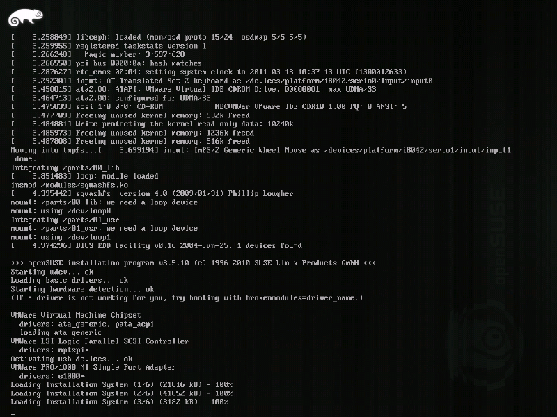 openSUSE installation program v3.5.10 boot messages