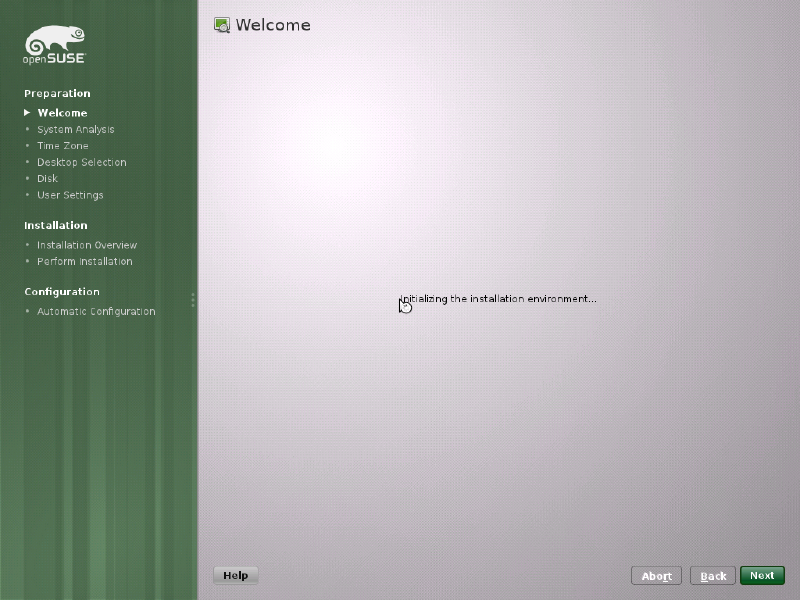 YaST2 Welcome screen with installation steps