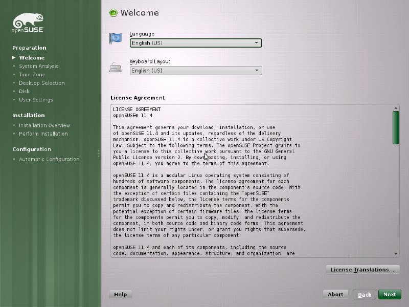 YaST2 Welcome screen with language and license agreement