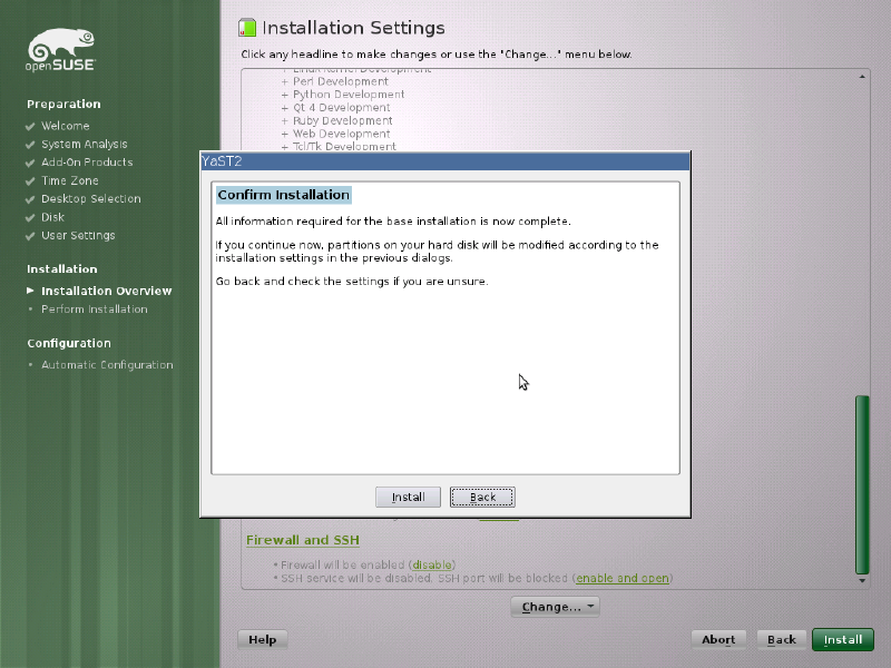 YaST2 software selection showing package list with MozillaFirefox-branding-openSUSE