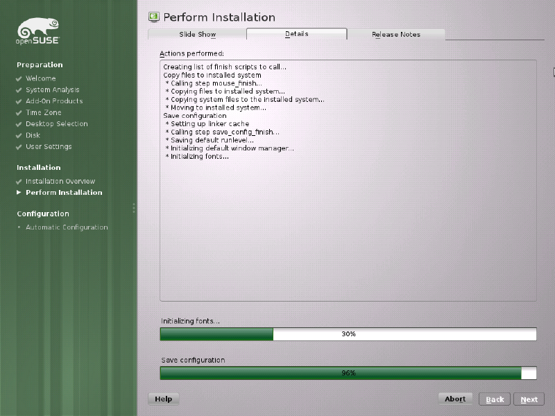Installation Settings summary with Partitioning, Booting, and Software sections
