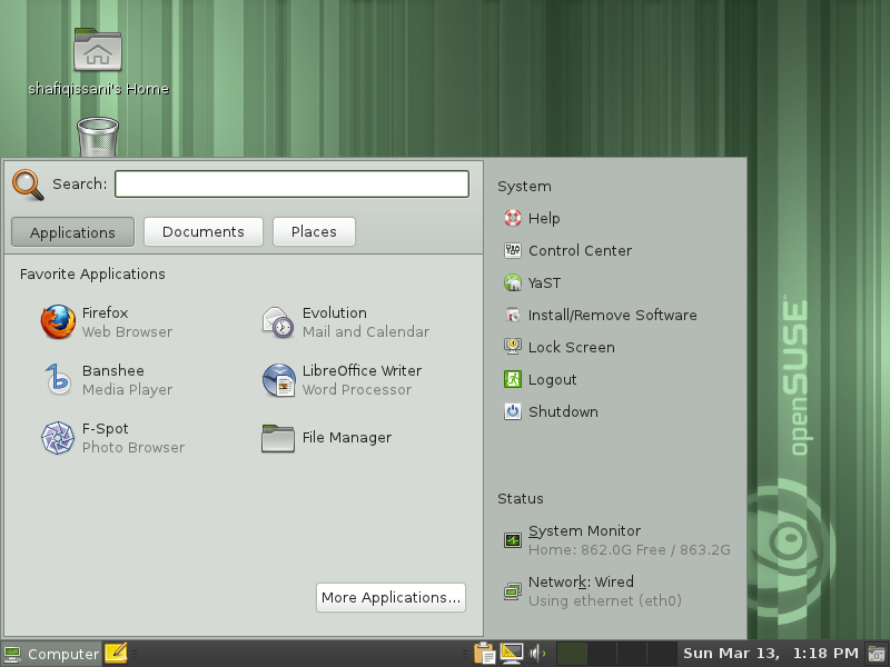 System Monitor showing CPU History, Memory and Swap History, Network History