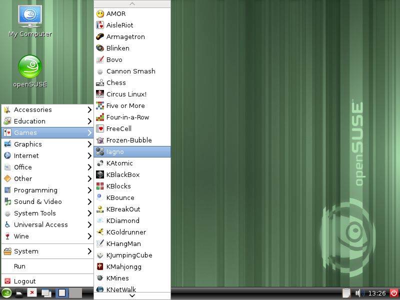 XFCE desktop with right-click context menu showing Games submenu with Armagetron, Circus Linux, Frozen-Bubble