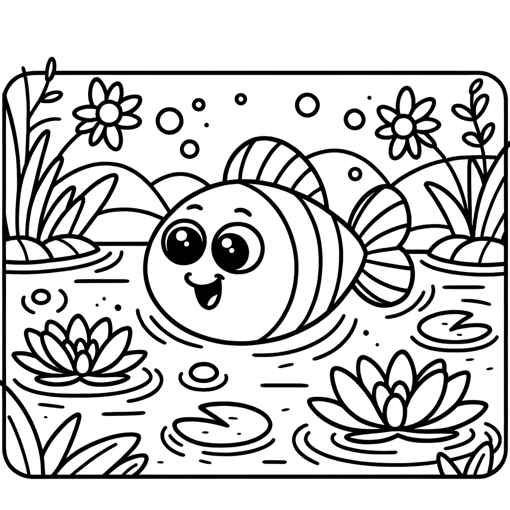 Photo of a basic cartoon drawing of a happy fish swimming in a pond with a few water lilies. The lines are thick and distinct, making it easy for toddlers