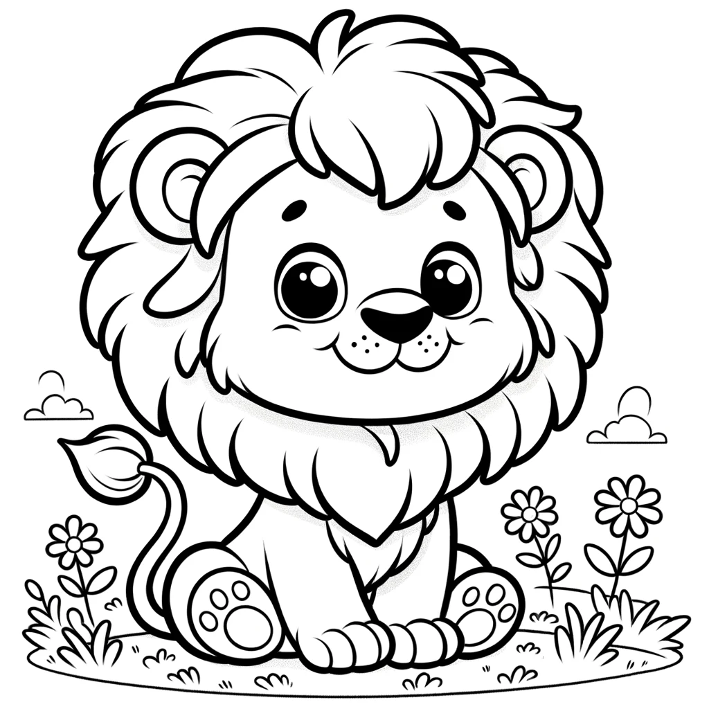 Photo of a cartoon drawing of a cheerful lion with a fluffy mane, sitting on a grassy plain with a few flowers around. The bold and thick lines are pe