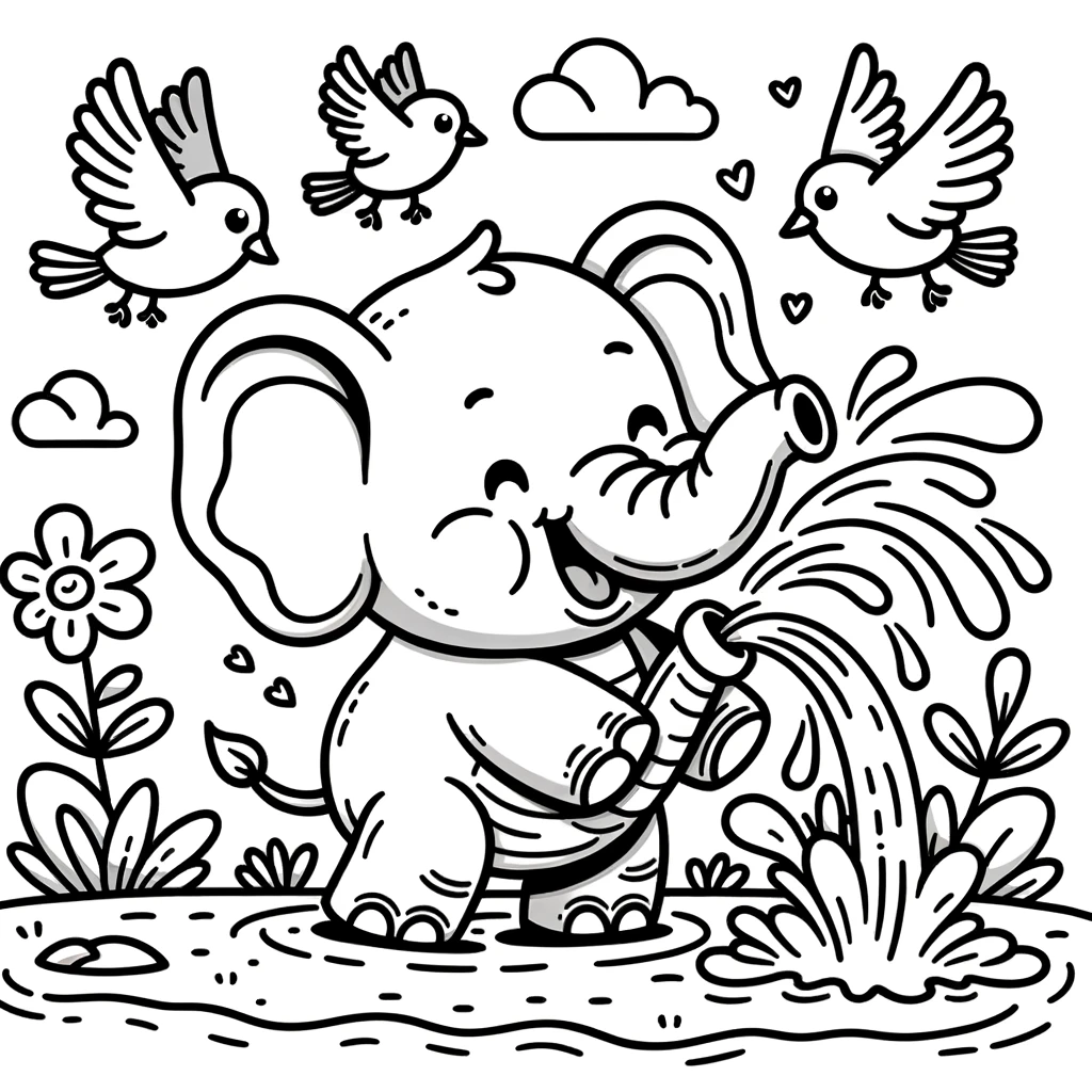 Photo of a cartoon illustration of a cheerful elephant spraying water with its trunk, surrounded by birds. The design has bold lines suitable for youn