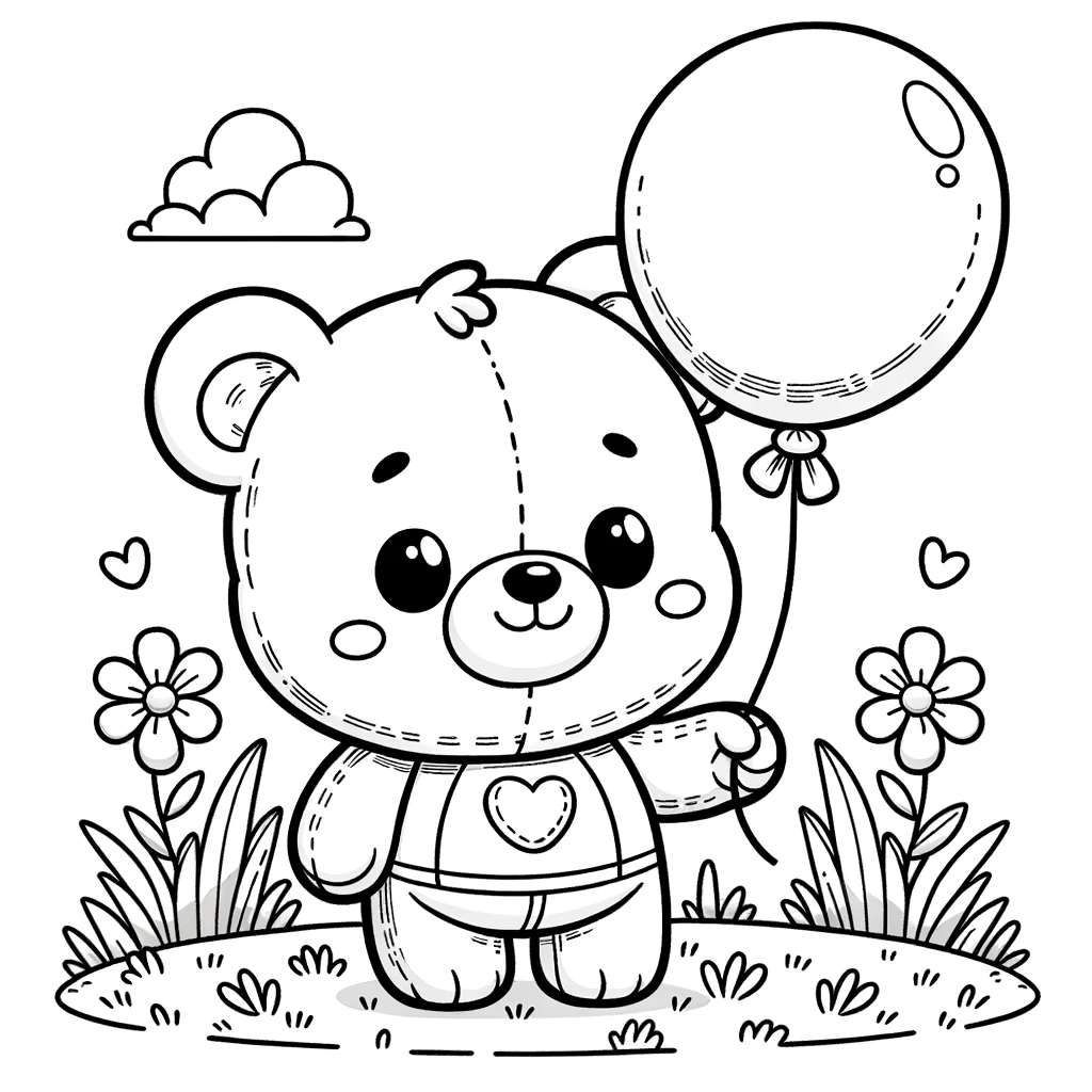 Photo of a cartoon illustration showing a cute teddy bear holding a balloon, standing in a grassy field. The design has bold outlines suitable for you