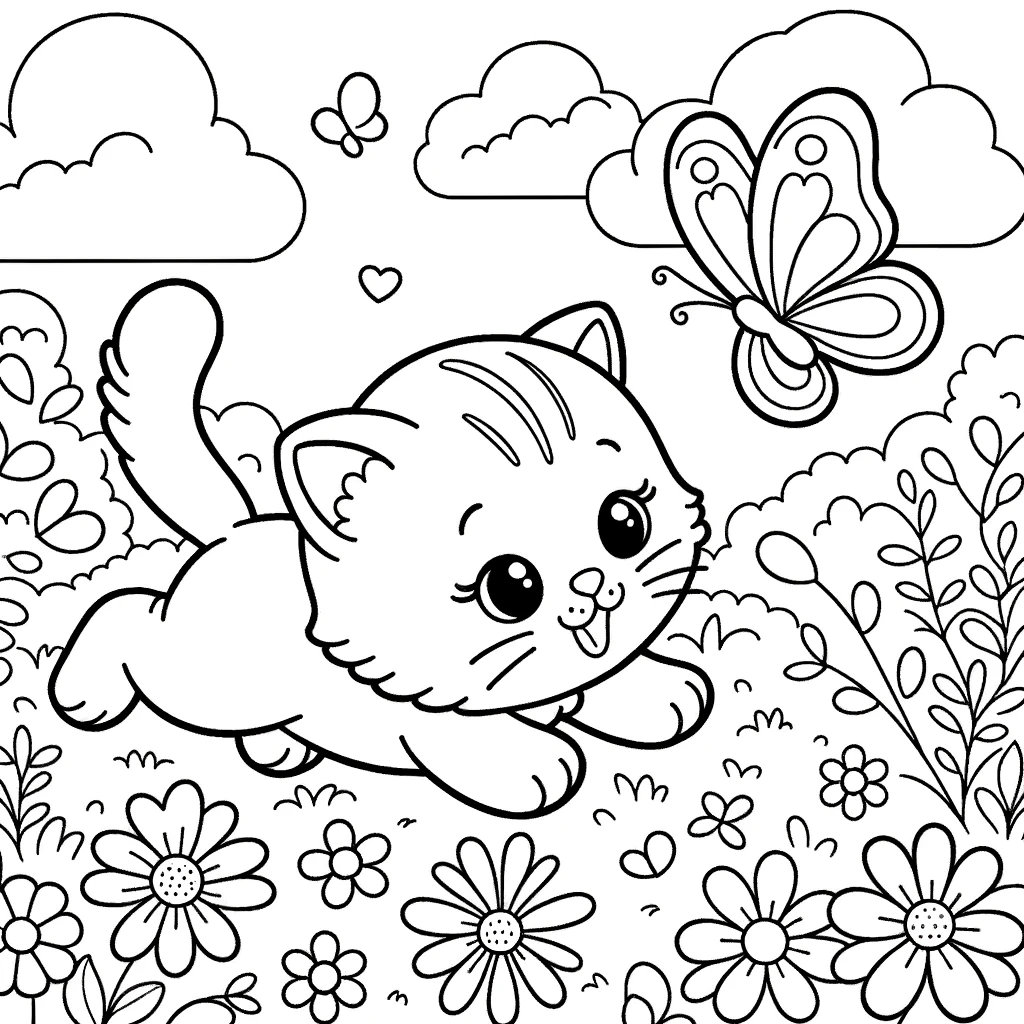 Photo of a playful drawing of a kitten chasing a butterfly in a garden, with flowers around. The lines are clear and broad, ideal for toddlers to add 