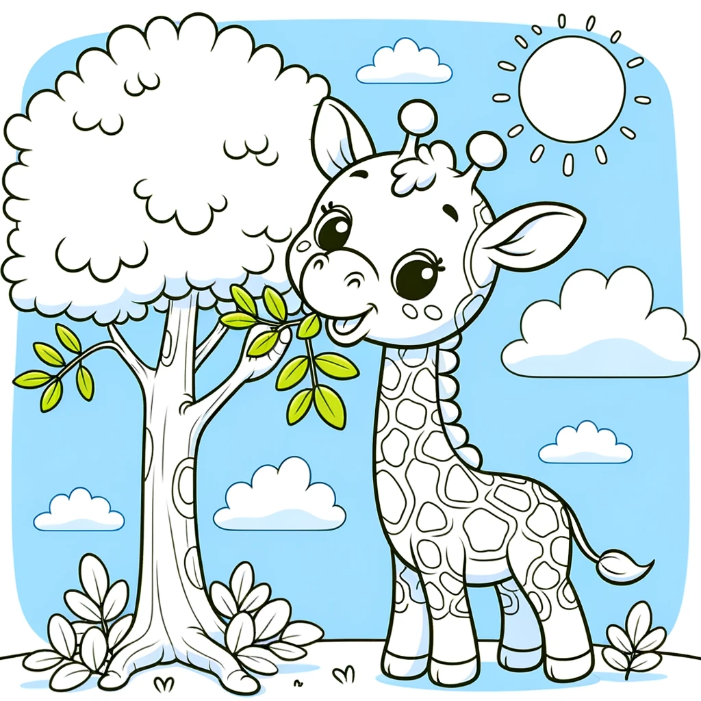 Photo of a simple cartoon drawing of a giraffe munching on tree leaves, with a blue sky in the background. The clear and thick outlines make it ideal 