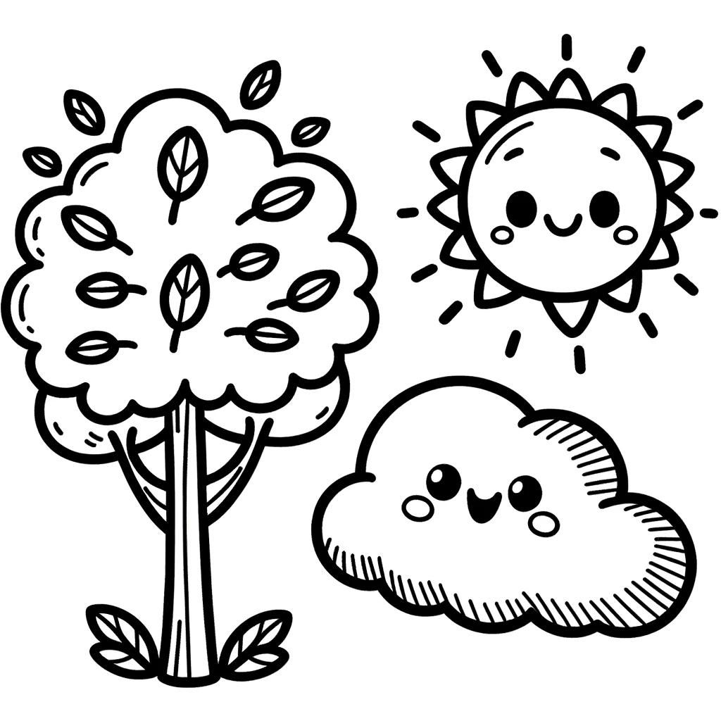 Photo of a simple cartoon illustration featuring a smiling sun in the sky, a fluffy cloud, and a tree with rounded leaves. The outlines are bold and c