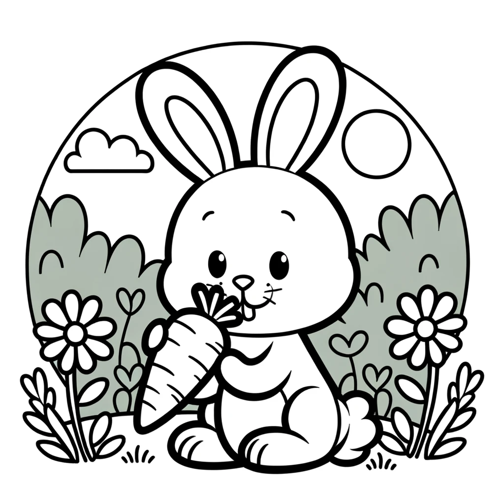 Photo of a simple cartoon illustration of a bunny rabbit nibbling on a carrot, sitting in a meadow with flowers. The bold and clear lines make it suit