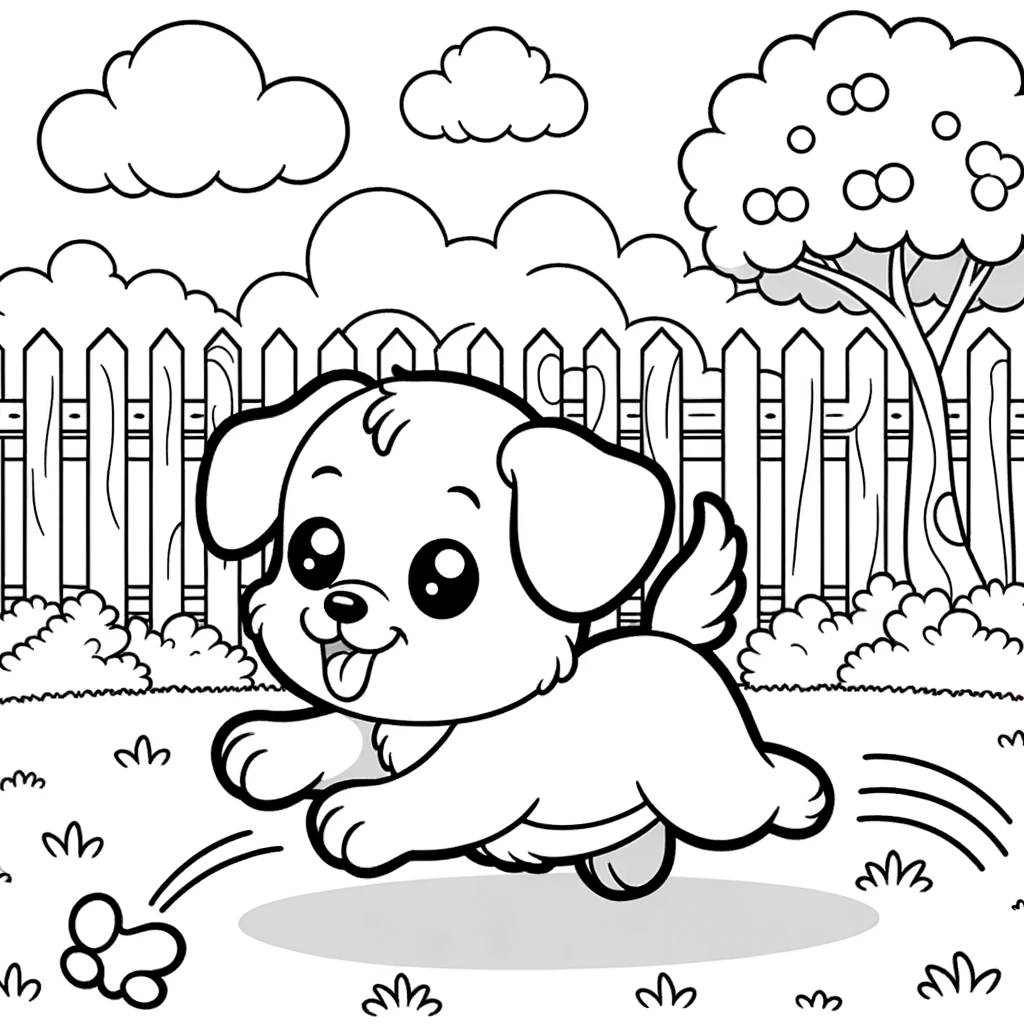 Photo of a simple cartoon illustration of a playful puppy chasing its tail in a backyard setting, with a fence and a tree in the background. The clear