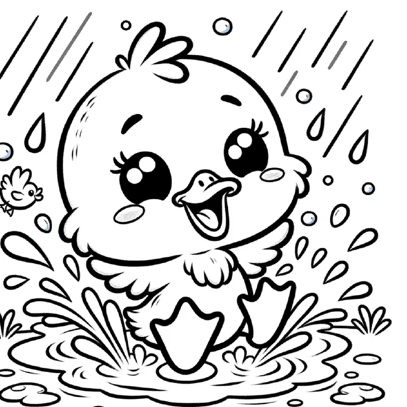 Cheerful duckling splashing in a puddle with raindrops