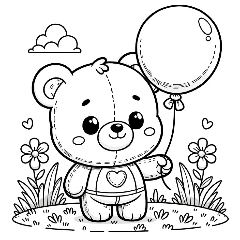 Cute teddy bear holding balloon in grassy field